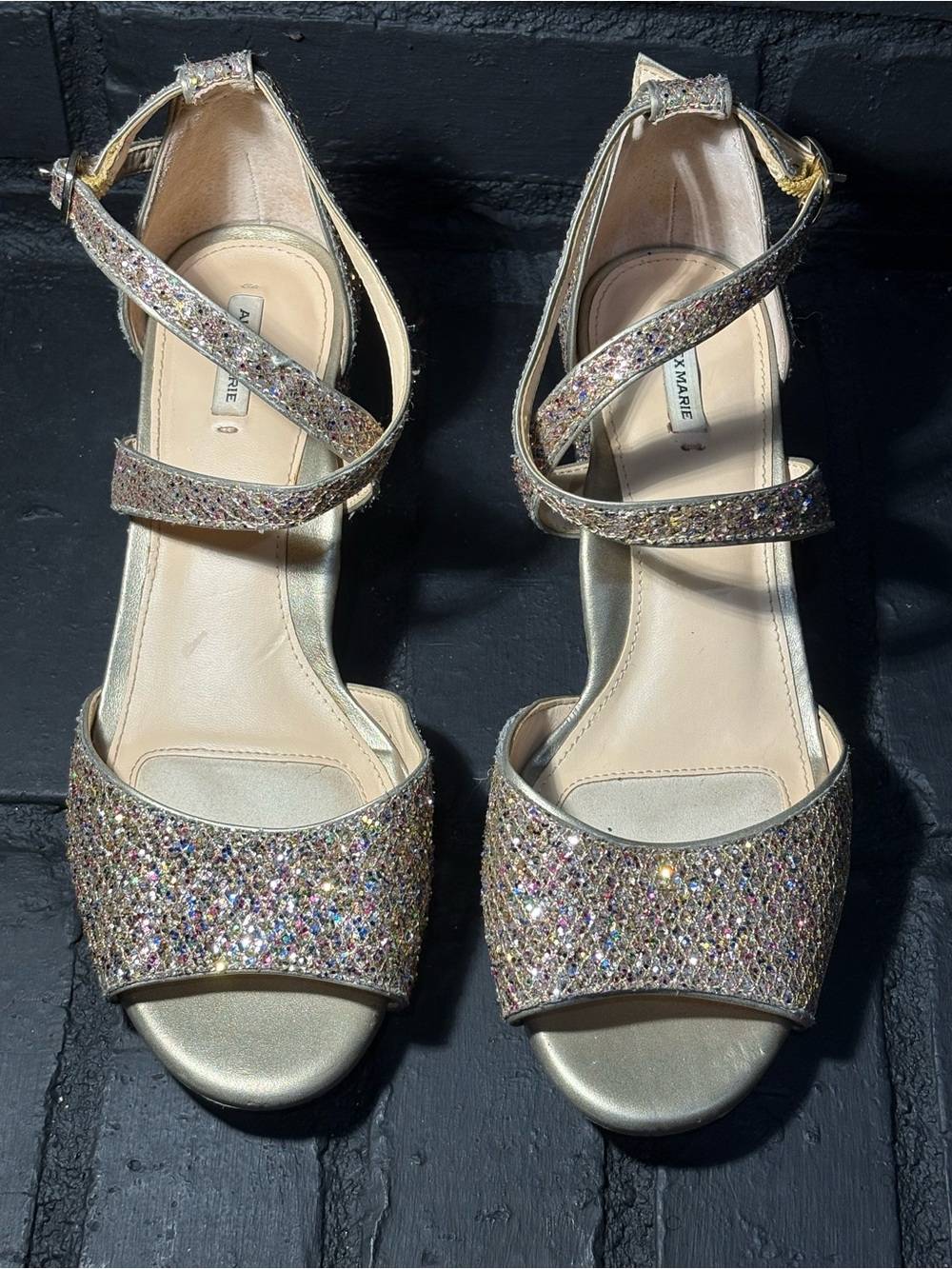 Alex Marie Multicolor Glitter Strappy Heels - Gold Base
